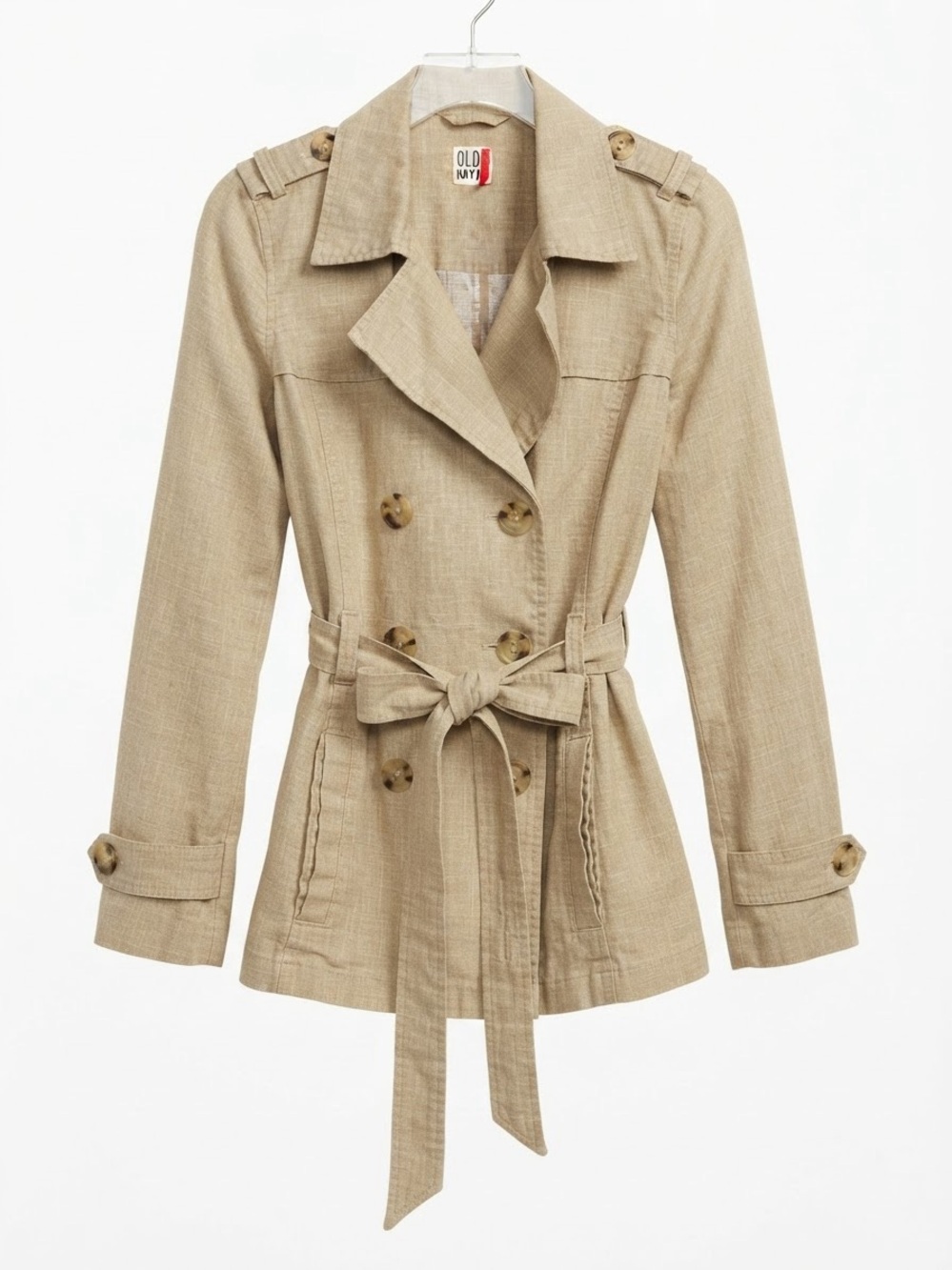 Vintage Y2K Old Navy Linen Blend Short Trench Coat with Belt - Tan / Khaki